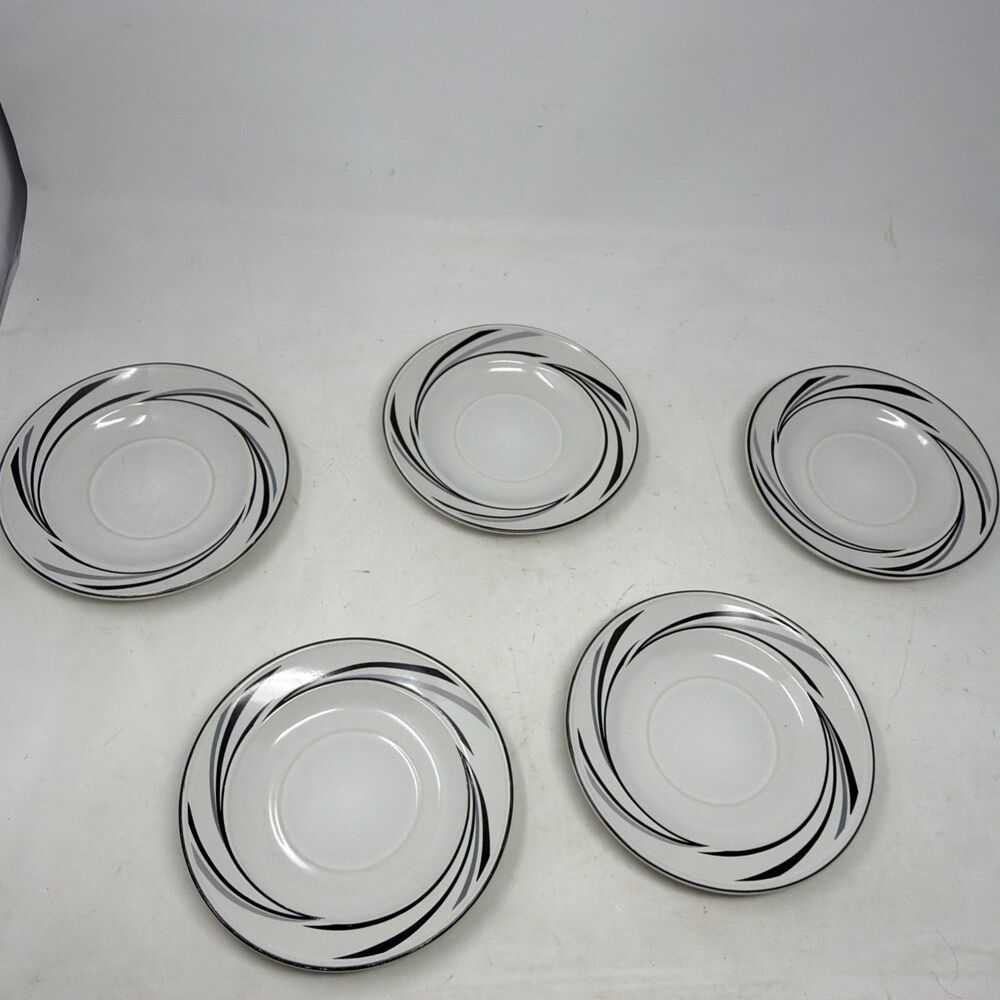 Tienshan Stoneware Infinity Saucers 6 5/8” White and Black Swirl Set Of 5